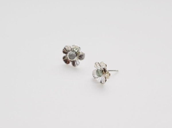 5 petal flower silver gemstone aquamarine earring studs