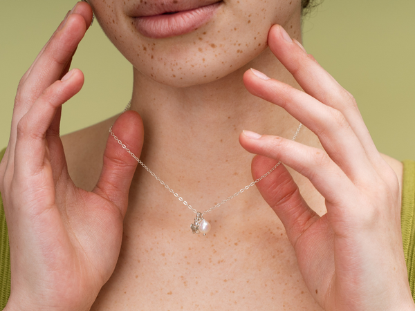 Aquamarine Flower Power Small Charm and Pearl Necklace